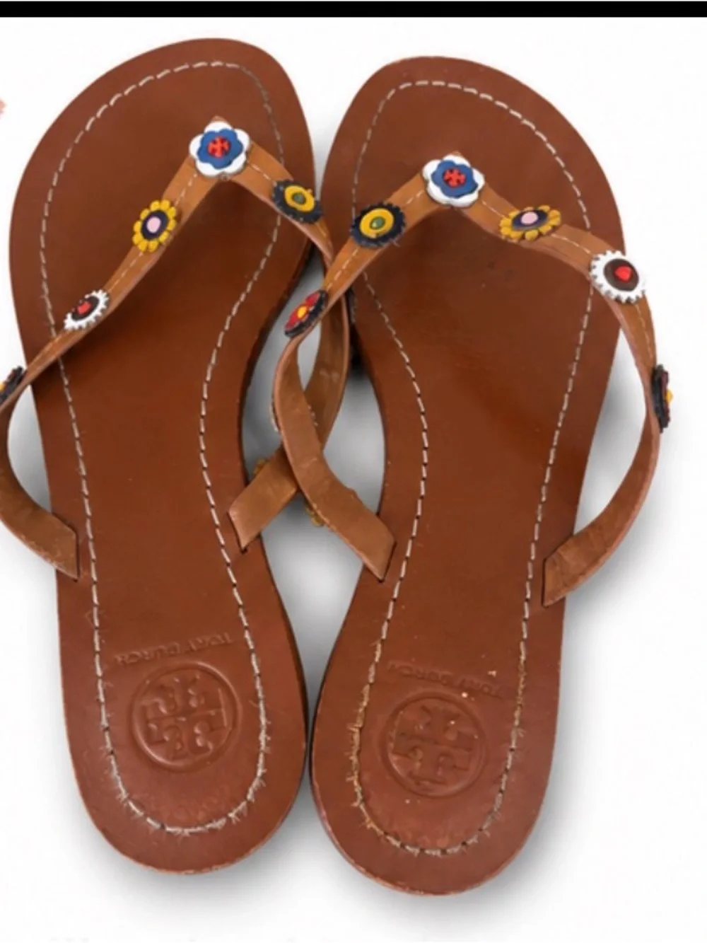 Tory Burch Marguerite Terra thong leather sandal 8 brown floral studs summer